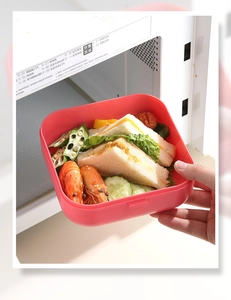 Pink double-layer plastic lunch box with side buckles shown filled with fresh meal