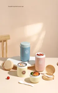 Detail of insulated stainless steel soup cup with lid, handle and folding spoon