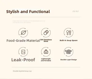 Detail view of double-layer 304 stainless steel soup cup with leak-proof seal and spoon