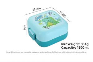Close-up of 1300ml dinosaur bento box with latch lock and 16.5cm square dimensions