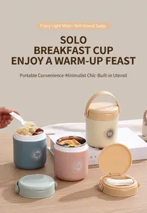 Vue détaillée du bol petit-déjeuner en acier 304 avec cuillère pliable et poignée