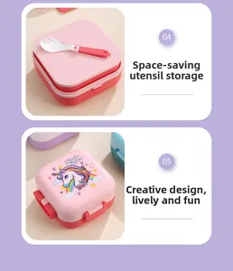 Detail of pink double-layer lunch box lid with utensil storage slot and unicorn graphic