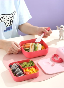Pink double-layer lunch box detail with compartments for fruit, sandwich and cutlery