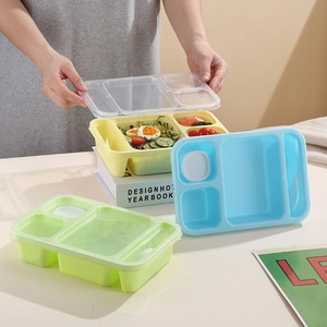 Stackable partitioned plastic bento lunch box set with clear lids in three colors