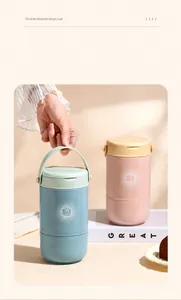 Portable double-layer stainless steel soup cup with handle in pink and blue