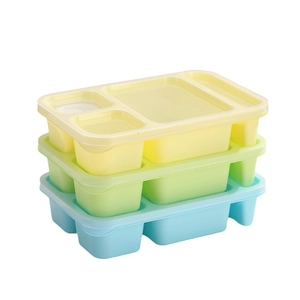 Stackable plastic bento box set with 4 compartments in yellow, green and blue colors