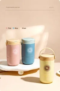 Close-up of double layered stainless steel soup cups with portable handles in soft colors