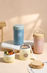 Detail of multi-color insulated stainless steel soup cups with lids and long spoons