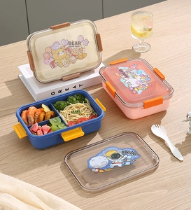 Close-up of the leak-proof 3-compartment plastic lunch box with cute cartoon patterns
