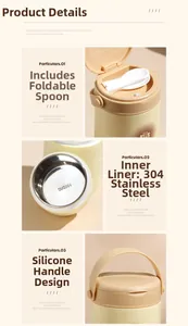 Detail of 304 stainless steel interior with foldable spoon and silicone handle