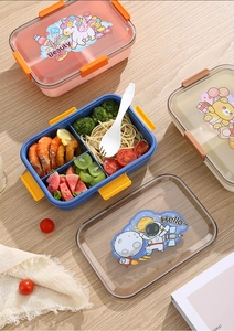 Three-compartment cartoon bento box with transparent lid and built-in utensil on wood table