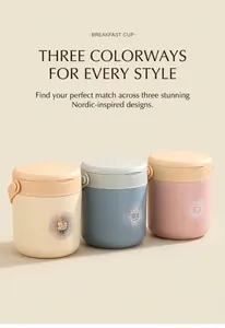 Trois tasses de petit déjeuner portables en acier inoxydable 304 avec poignées en beige et bleu