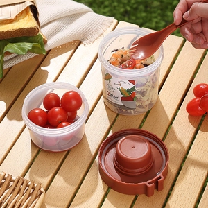 Portable double-layer salad cup set with 560ml and 310ml containers and a fork spoon