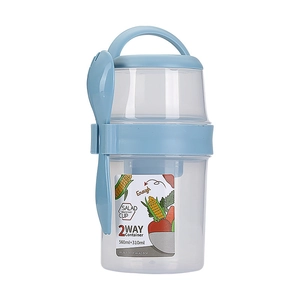 Portable blue double-layer breakfast cup with fork and 560ml plus 310ml capacity