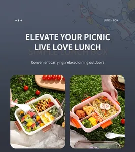 Three-compartment bento lunch box with transparent lid and secure locks for picnic