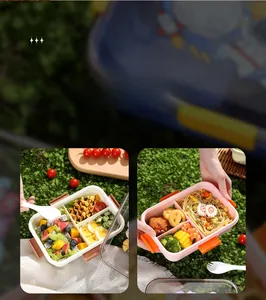Three-compartment bento lunch box with transparent lid and secure locks for picnic