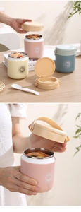 Détail de tasses à soupe isolées en acier inoxydable 304 avec couvercles et cuillères