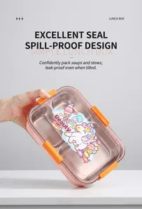 Pink bento box with unicorn graphics and four secure orange latches on a white surface