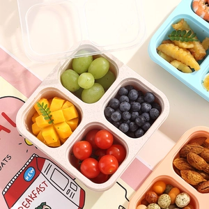 Stackable 4-compartment bento lunch box set with clear lid for snacks and travel storage