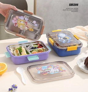 Détail de l'intérieur en acier SUS304 et couvercles cartoon de la boîte bento 3 cases