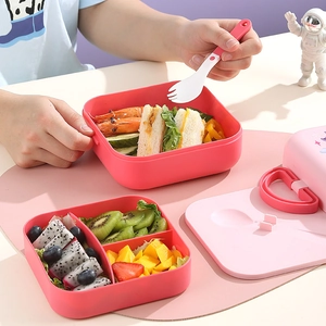 Pink double-layer portable bento lunch box with compartments and cutlery for students