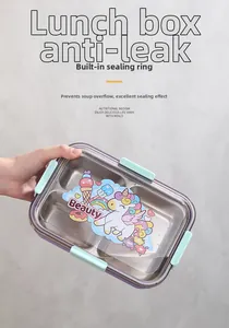 Detalle de tapa hermética con pegatinas de unicornio y sello de silicona en caja bento
