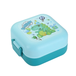 Double-layer cartoon dinosaur bento box for students with blue lid and snap closure
