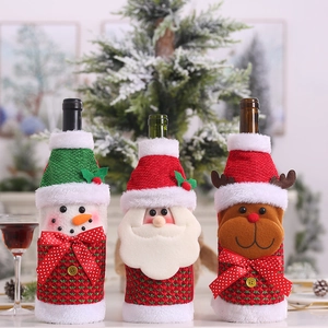 Three-piece Christmas wine bottle covers featuring Santa, snowman, and reindeer characters