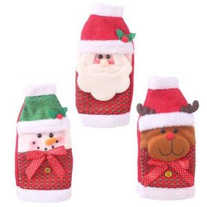 Three Christmas wine bottle covers featuring Santa, snowman, and reindeer designs