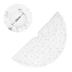 White faux fur Christmas tree skirt with silver sequin snowflakes and 10cm center opening