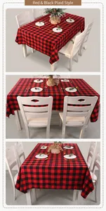 Close-up of red and black buffalo plaid Christmas tablecloth in a home dining setting