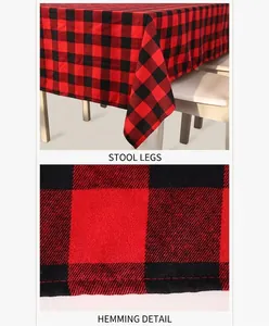 Close-up of red and black buffalo plaid tablecloth with professional hemming craft