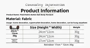 Detailed size chart for plaid button ball Christmas pendants including Santa and Snowman