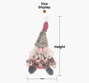 Detailed size display of a Santa plush ornament with red plaid and beaded beard