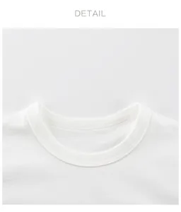 Detail view of cotton white T-shirt neckline with high-quality double-needle stitching