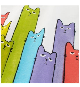 Close-up of white cotton fabric with colorful cartoon cat print and fine knit texture