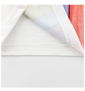 Close-up of double-needle hem stitching on white cotton kids T-shirt with fine texture