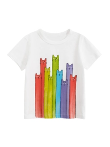 Girls Short Sleeve T-Shirt Pure Cotton Breathable Round Neck Cartoon Cat Print Summer Casual Kids Tops