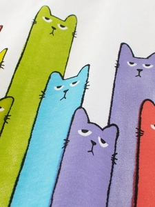White cotton t-shirt for kids featuring colorful cartoon cats with artistic illustration