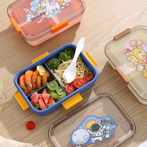 3-compartment cartoon bento box for kids with stainless steel liner and cutlery