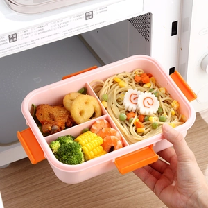 Microwave-safe 3-compartment pink lunch box with orange buckles and cartoon design