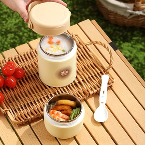 Portable 304 stainless steel insulated soup cup with handle and folding spoon for outdoor picnic
