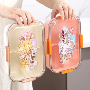 3-compartment plastic bento lunch boxes with cute bear and unicorn cartoon prints