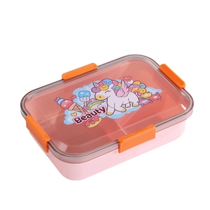 Pink cartoon lunch box with 3 compartments and secure clips for student meals