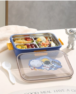 Boîte bento à trois compartiments en acier inoxydable avec motif astronaute sur le couvercle