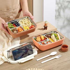 Boîte bento en acier inoxydable à 3 compartiments avec support de téléphone
