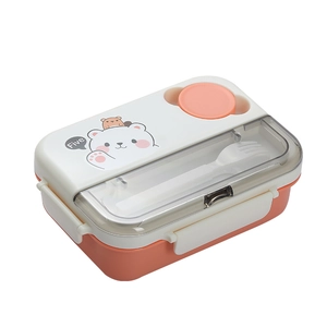 304 stainless steel bento box with orange base and white lid featuring a bear pattern