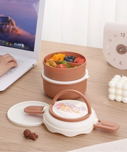 Close-up of double-layer round bento box with cute bear graphic and fruit storage