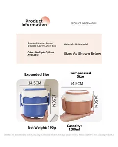 Size guide showing round double-layer bento box in expanded and compressed dimensions