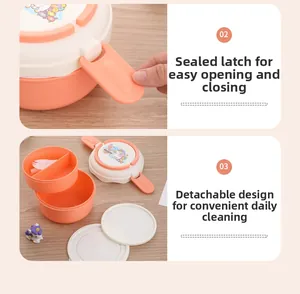 Detail view of the layered bento box parts with leak-proof clips and a small spoon